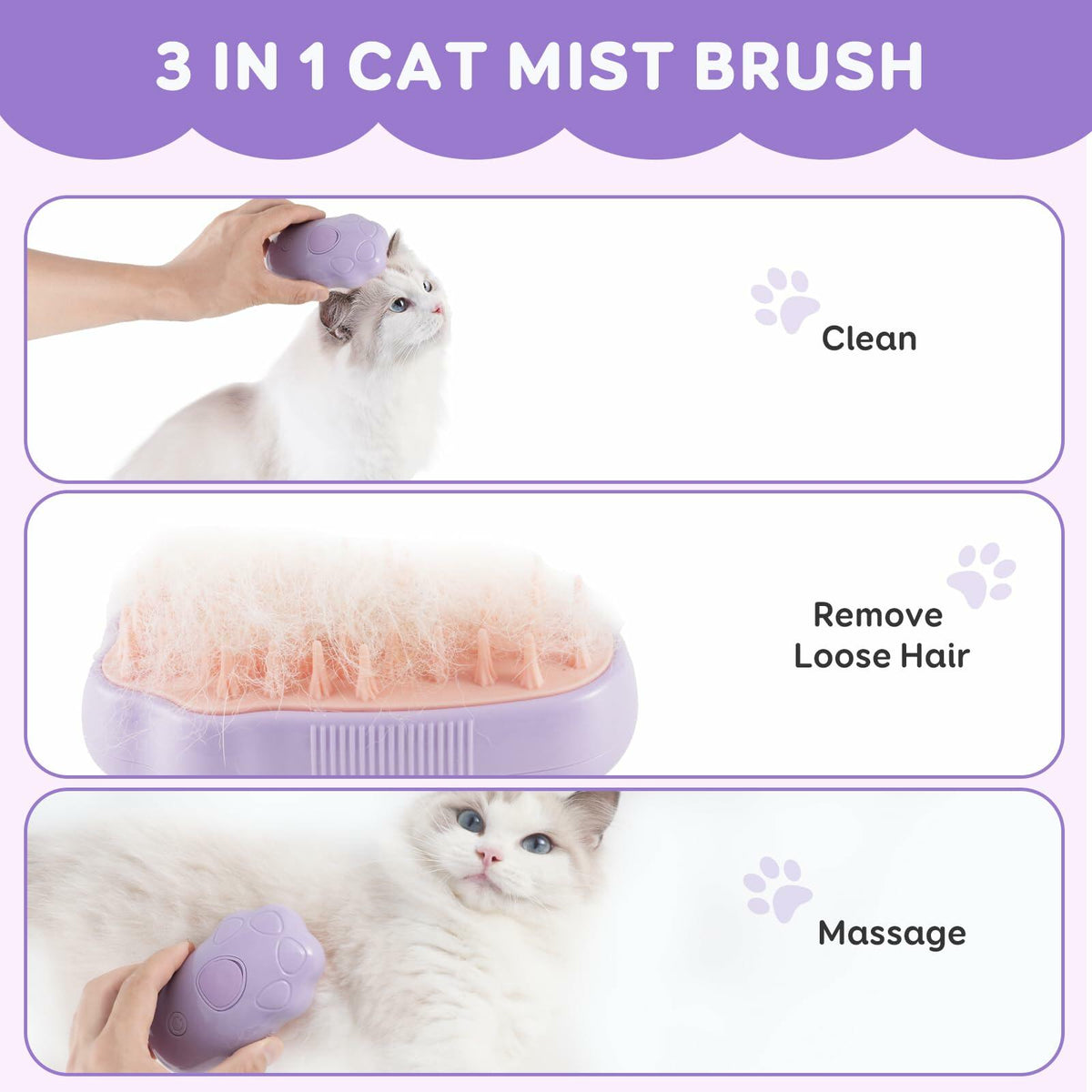 Cat Steam Brush Purple 2nd Gen Self-Cleaning Pet Hair Remover Shedding Tool
