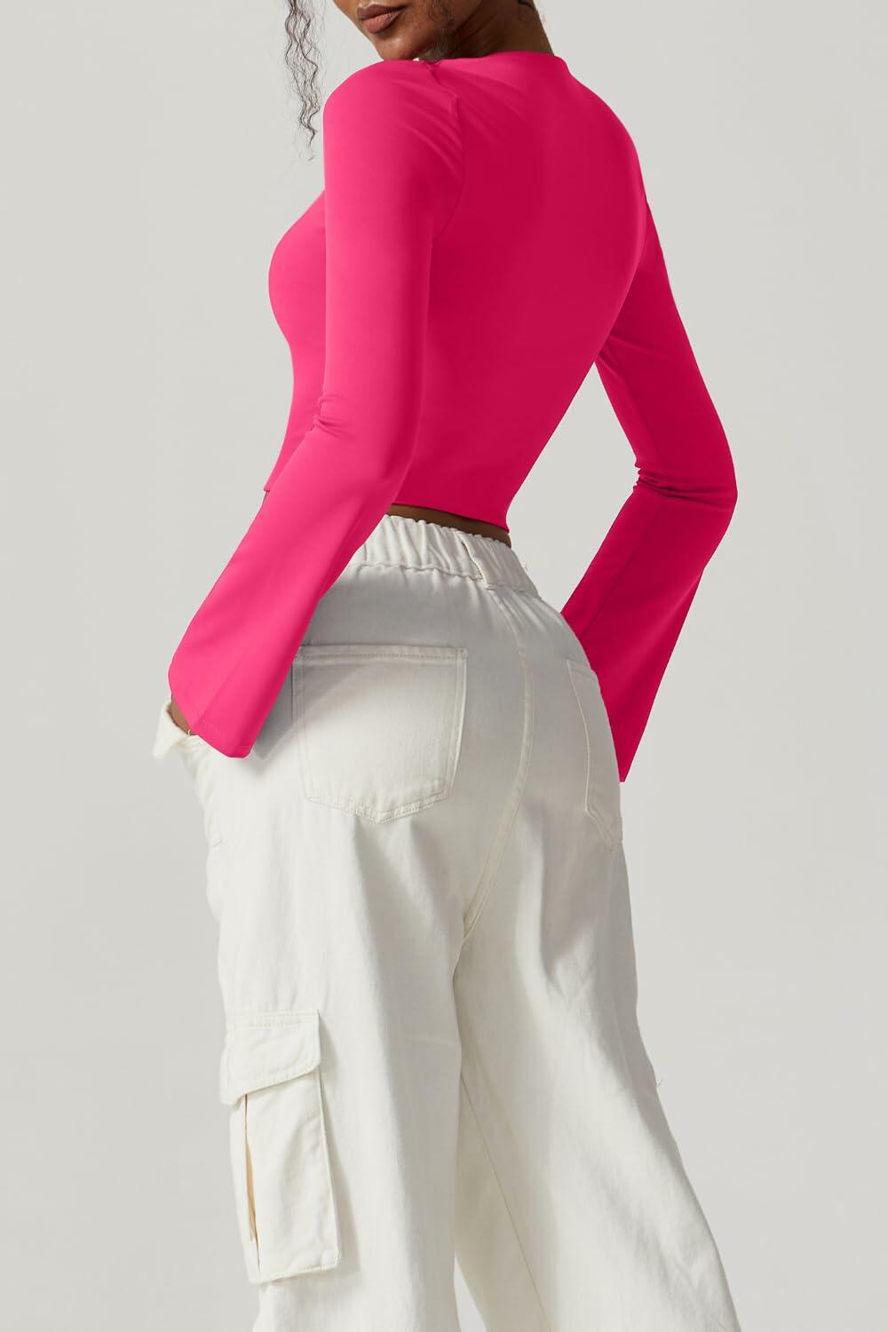 Meyeeka Womens Bell Sleeve Square Neck Crop Top Rose Red S