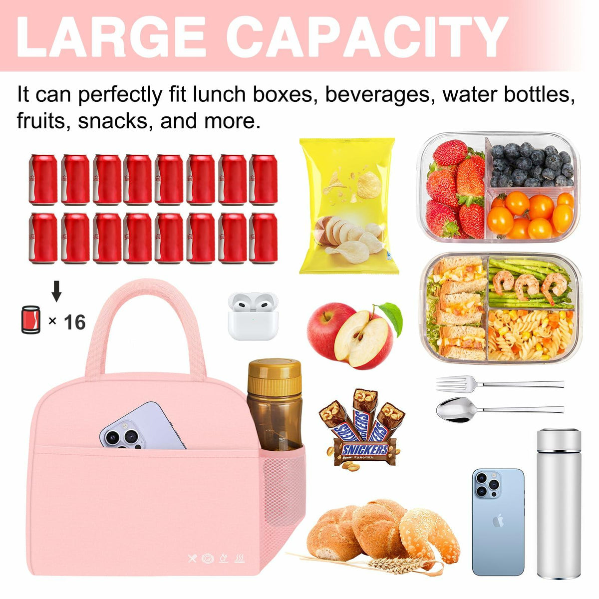 KUBYA Insulated Lunch Bag Pink Reusable Tote for Women Men Office Travel Picnic