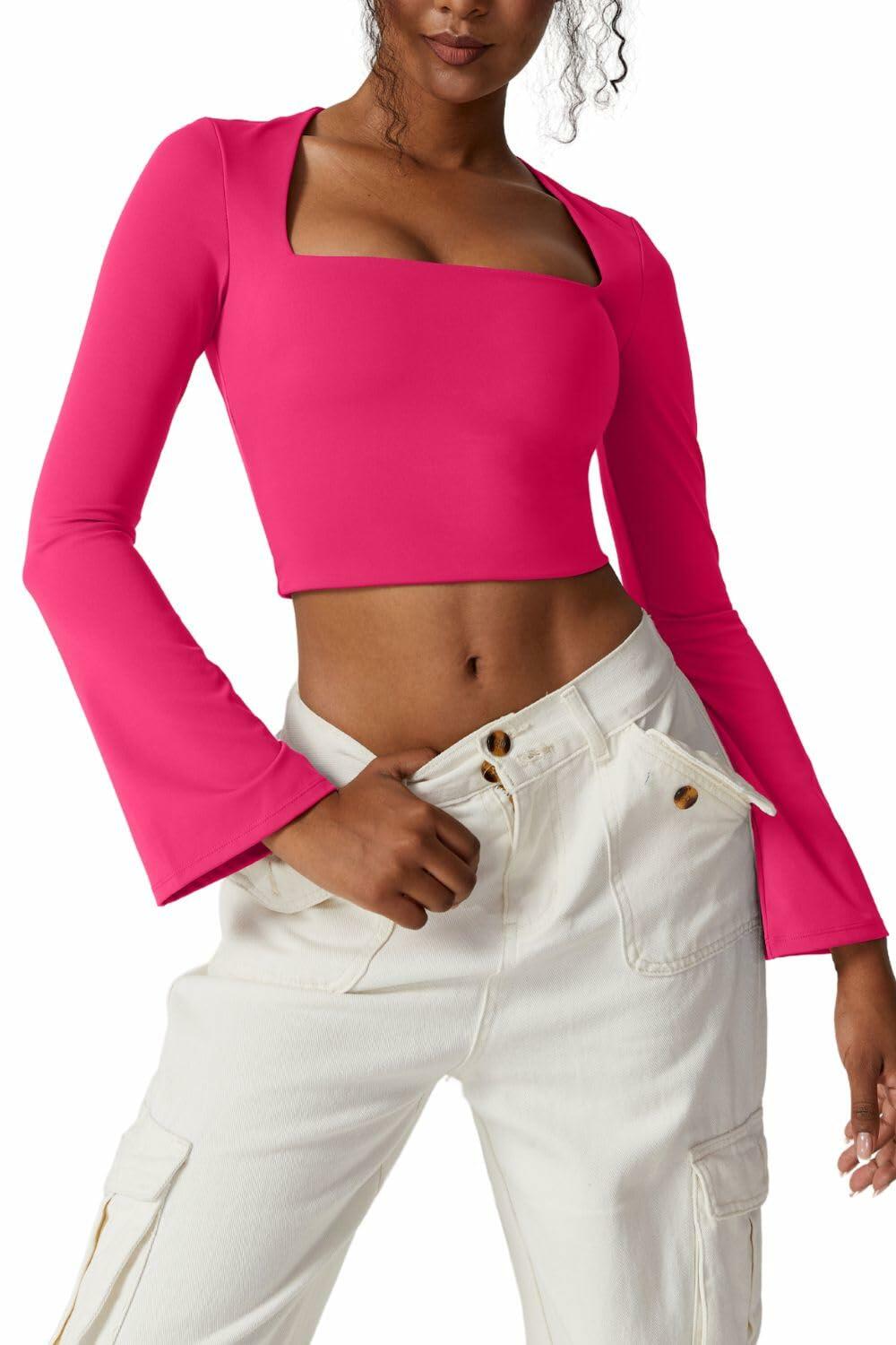 Meyeeka Womens Bell Sleeve Square Neck Crop Top Rose Red S
