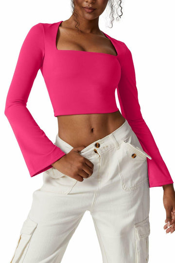 Meyeeka Womens Bell Sleeve Square Neck Crop Top Rose Red S
