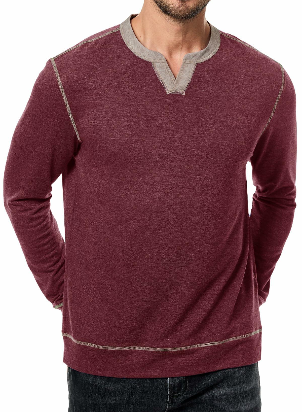 JMIERR Men's Henley Shirt Red Long Sleeve V Neck Lightweight Size 2XL