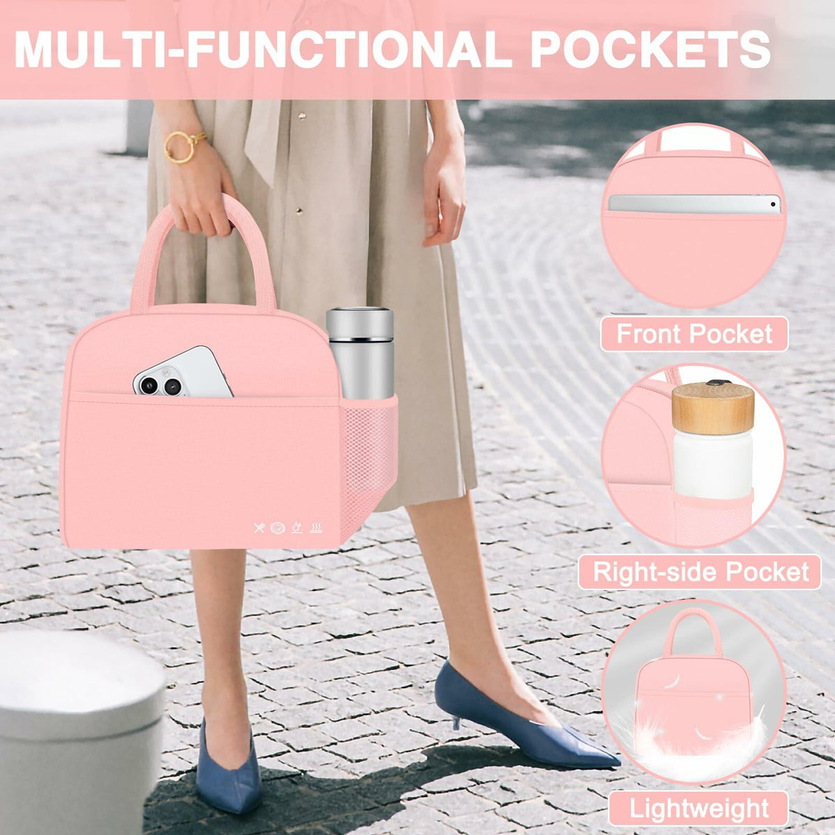 KUBYA Insulated Lunch Bag Pink Reusable Tote for Women Men Office Travel Picnic