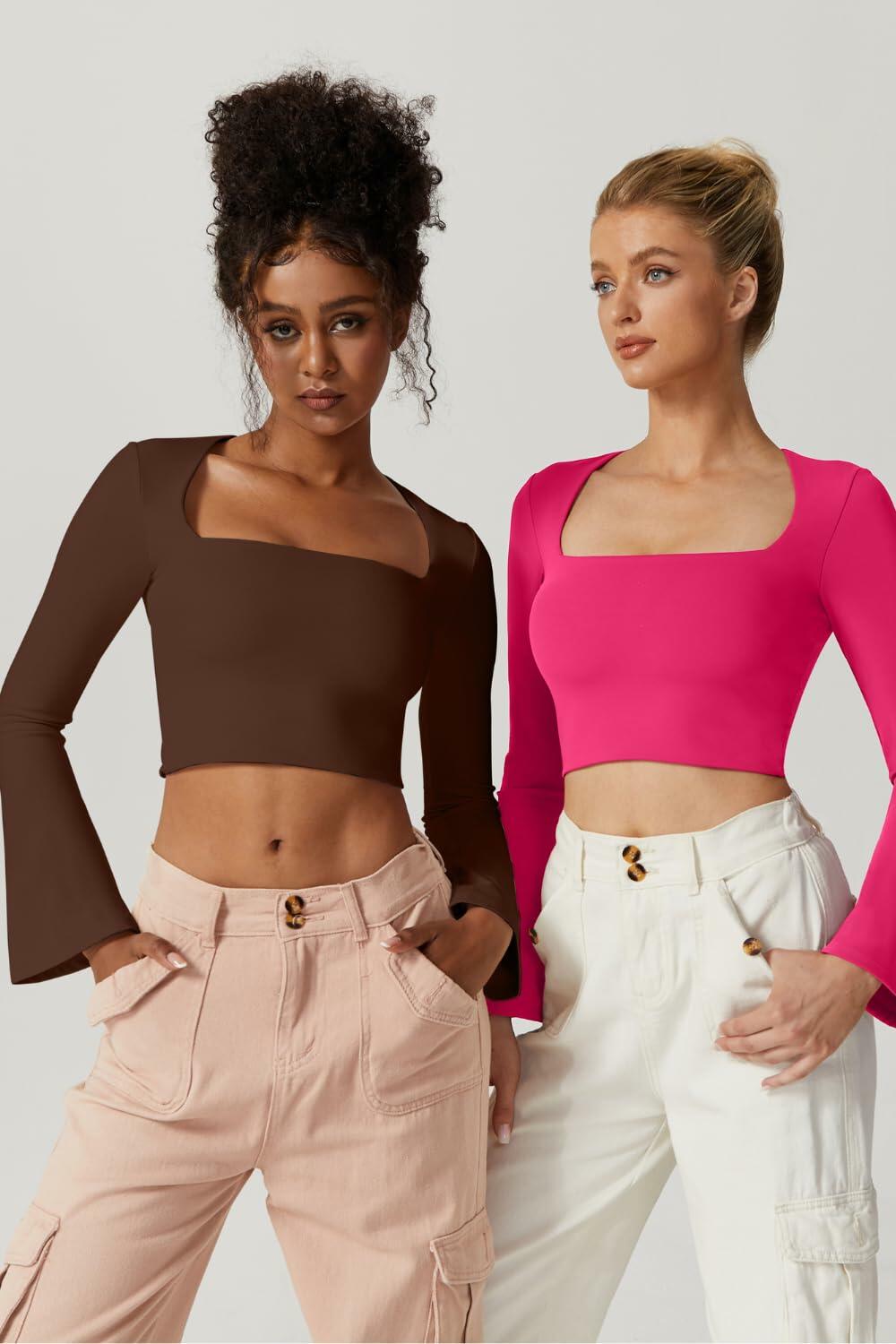 Meyeeka Womens Bell Sleeve Square Neck Crop Top Rose Red S