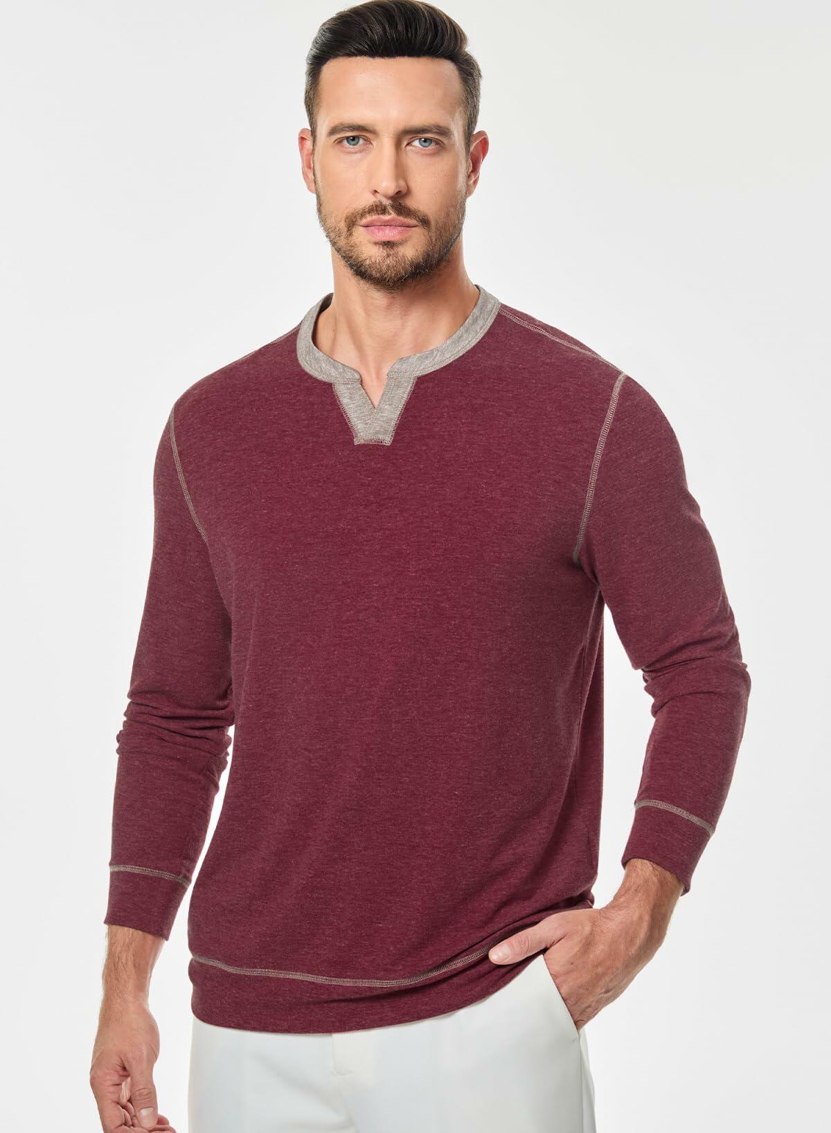 JMIERR Men's Henley Shirt Red Long Sleeve V Neck Lightweight Size 2XL
