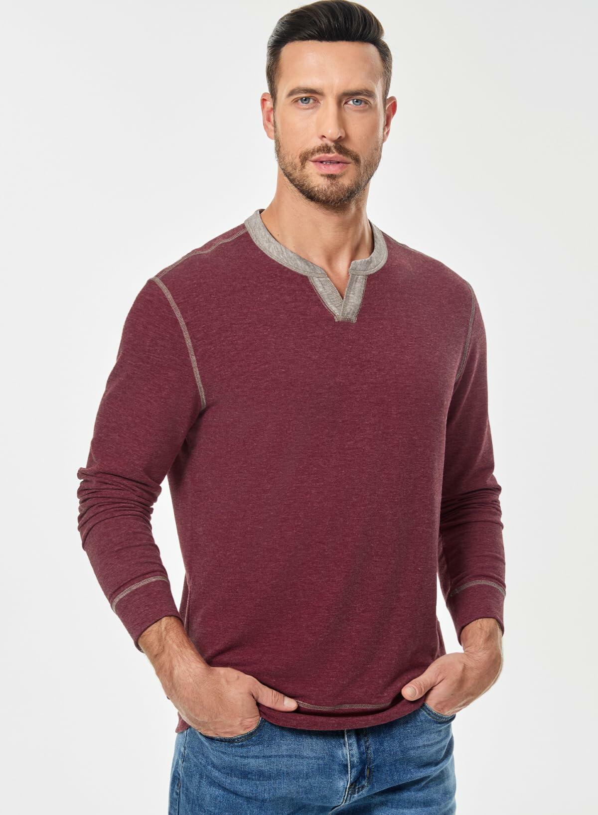 JMIERR Men's Henley Shirt Red Long Sleeve V Neck Lightweight Size 2XL