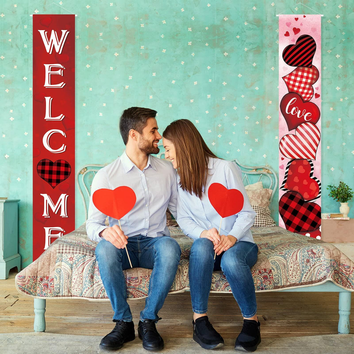 2 Pc Valentine Red Buffalo Plaid Door Banner Love Heart Decor Home