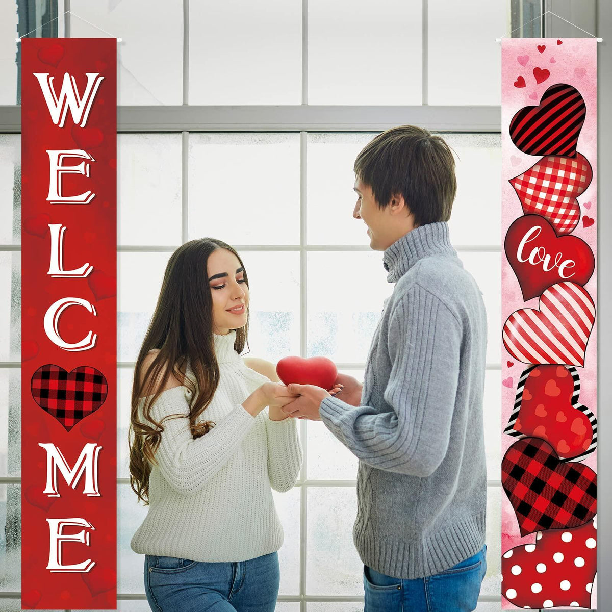 2 Pc Valentine Red Buffalo Plaid Door Banner Love Heart Decor Home