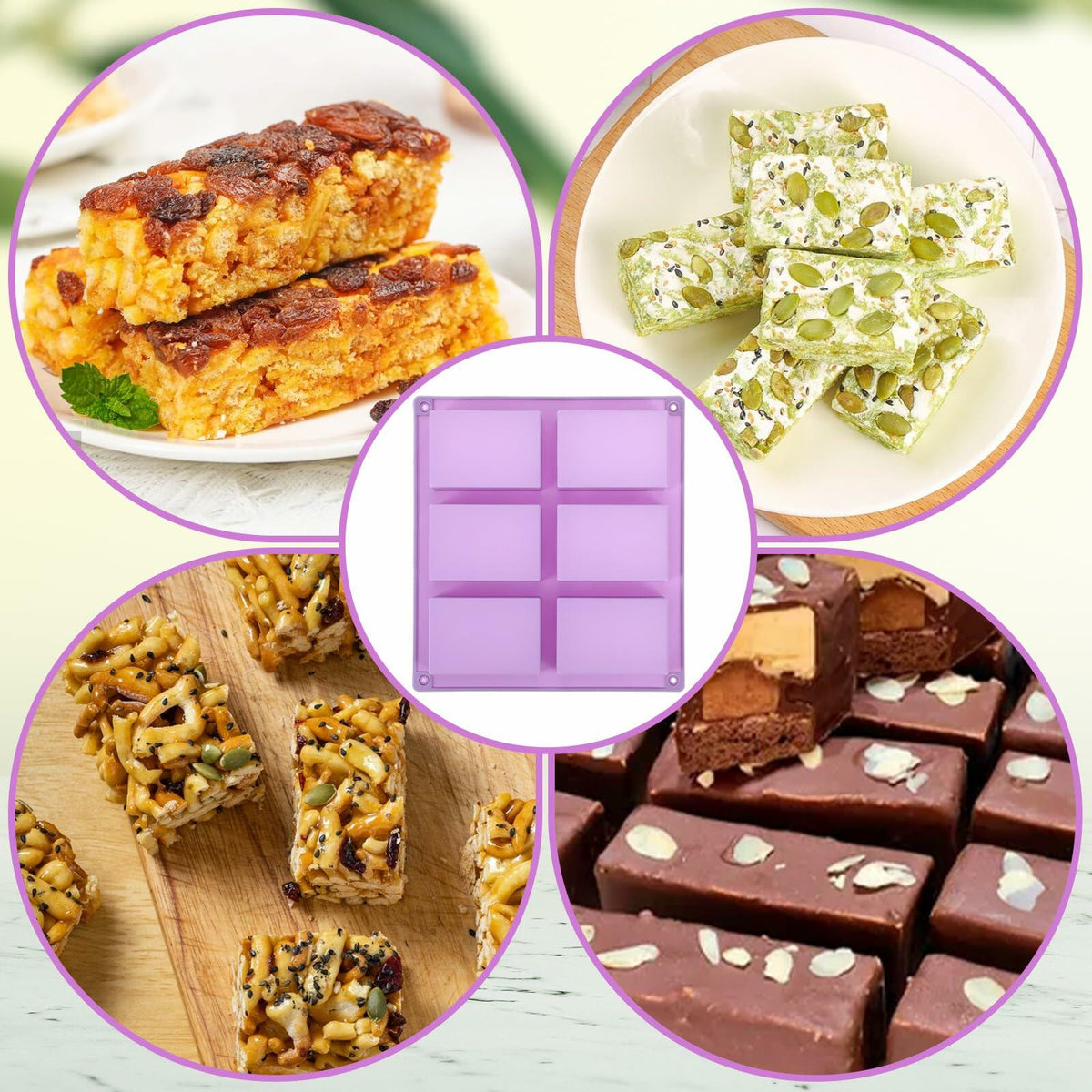 PEOVLVN Silicone Chocolate Bar Mold 6 Cavities Deep Pistachio Purple