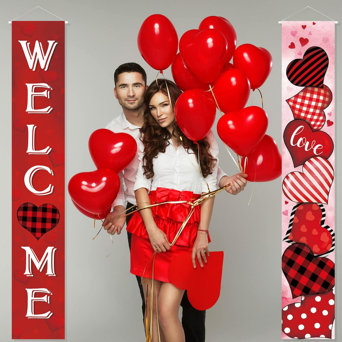 2 Pc Valentine Red Buffalo Plaid Door Banner Love Heart Decor Home