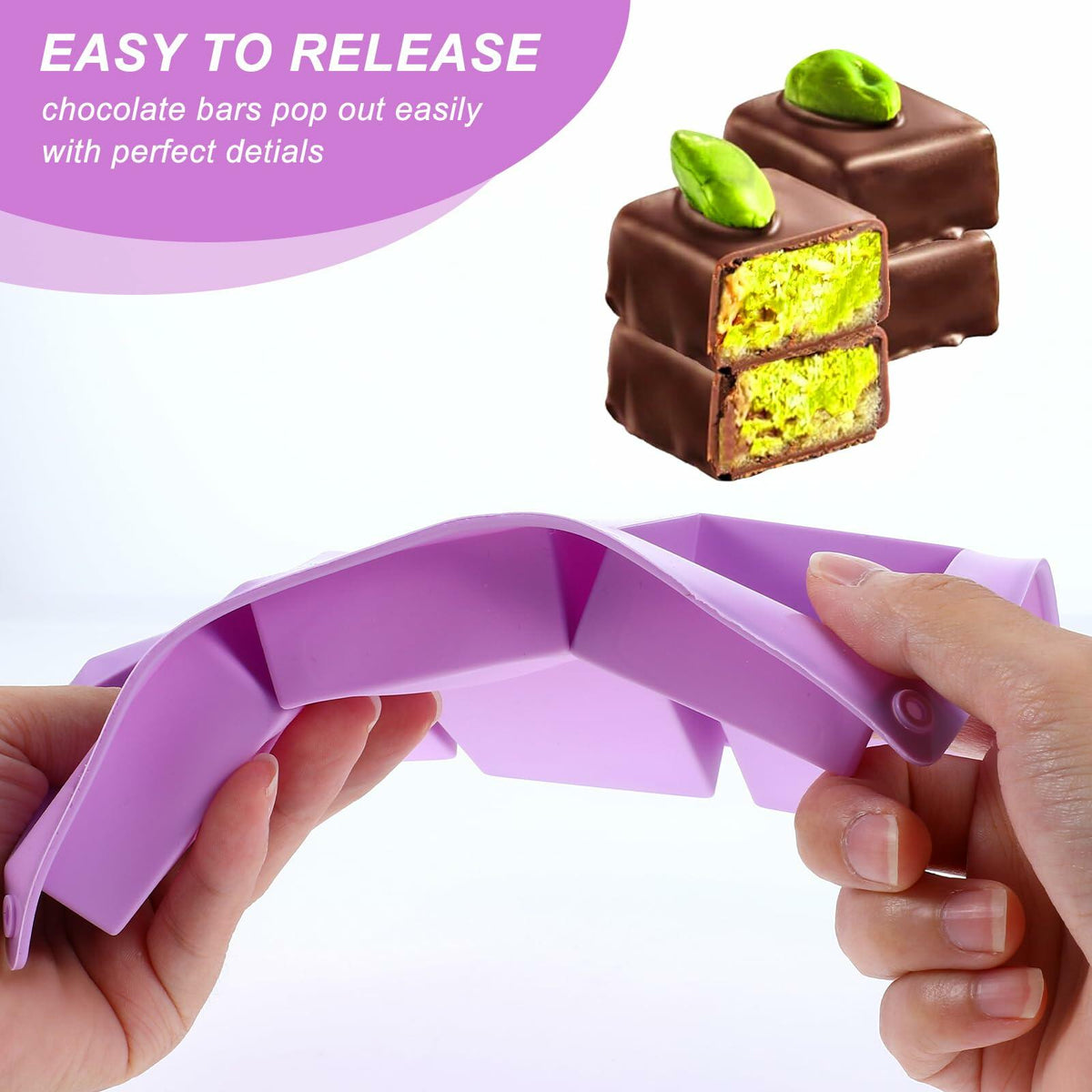 PEOVLVN Silicone Chocolate Bar Mold 6 Cavities Deep Pistachio Purple