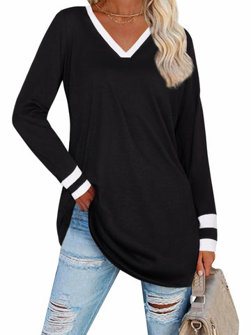 Black V Neck Long Sleeve Tee Women Plus Size S Lightweight Jersey Top