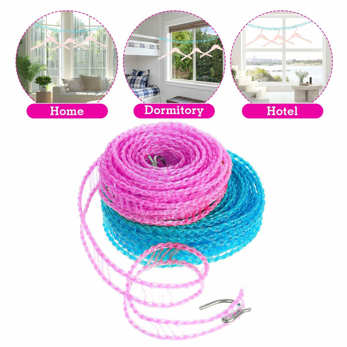 Giantree 2 Pack Retractable Windproof Clothesline Pink + Blue for Outdoor