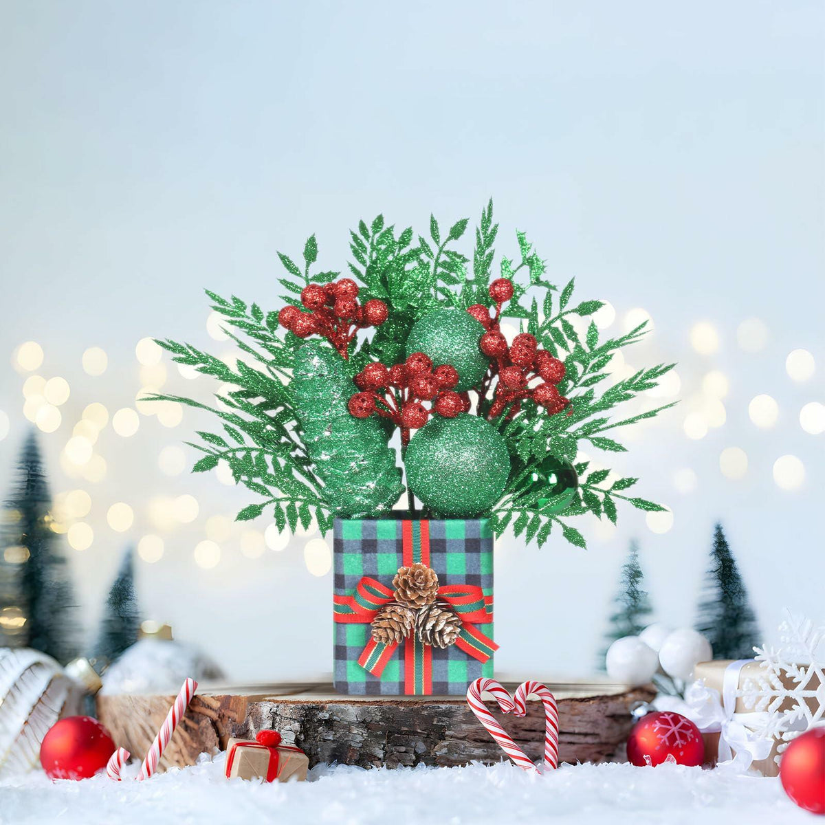Super Holiday Mini Buffalo Check Plaid Green Glitter Christmas Tree - Tabletop