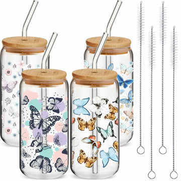 Cunhill 4pc 16oz Iced Coffee Glasses Set Pumpkin Bamboo Lid & Straw