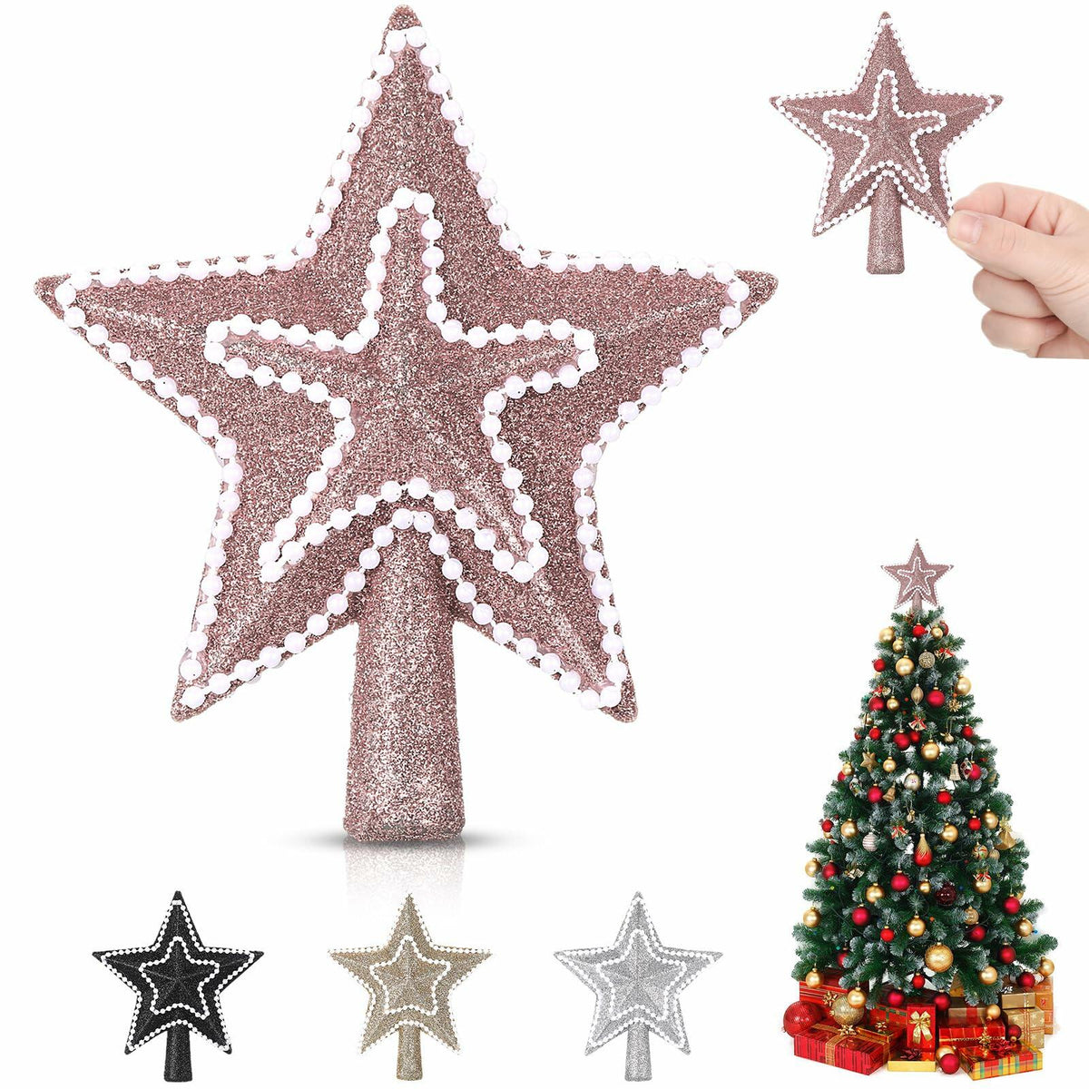 Hollowfly 4" Glitter Mini Star Christmas Tree Topper Rose Gold Pearl