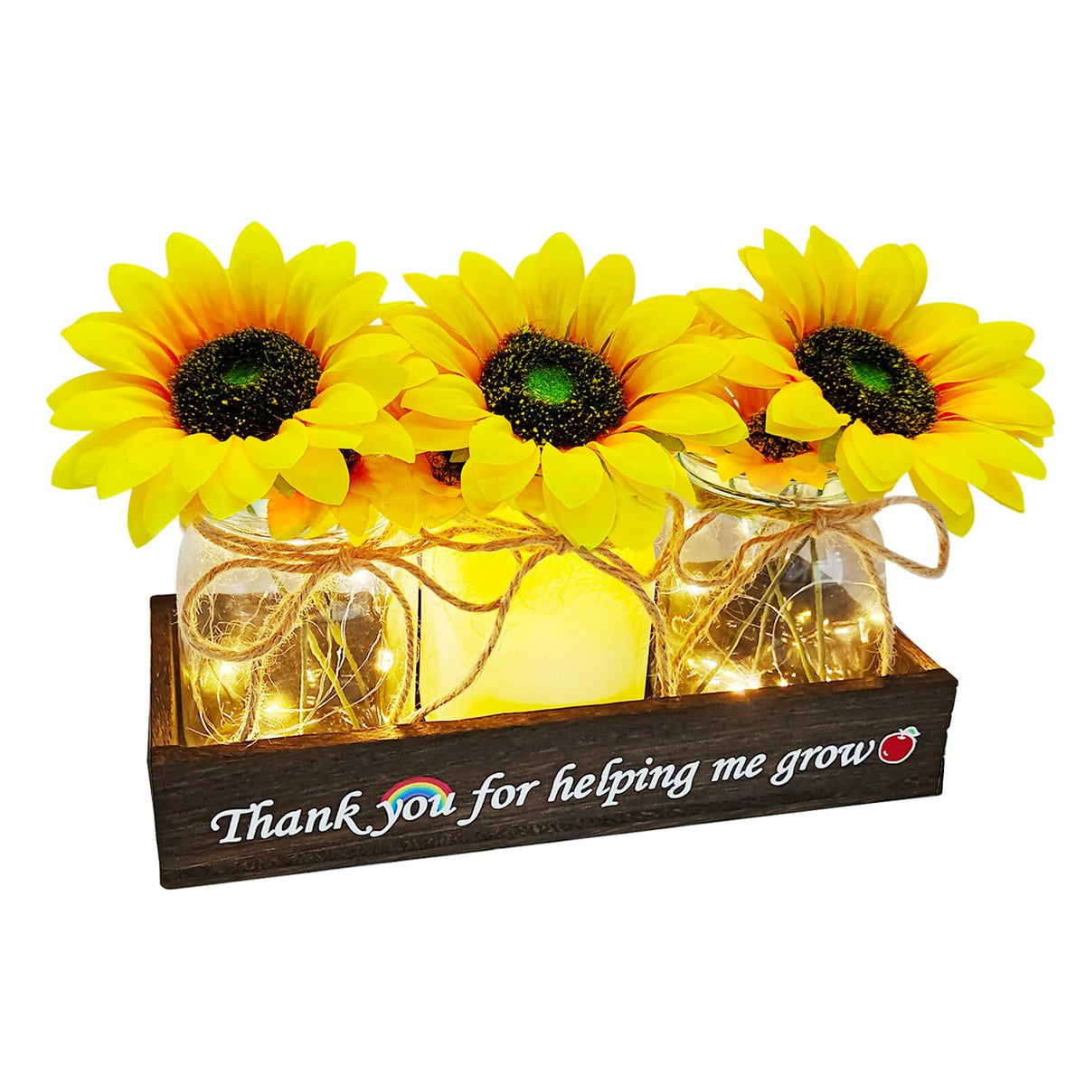 Golden Mason Jar Centerpiece Wood Tray Sunflowers Teacher Appreciation Gift