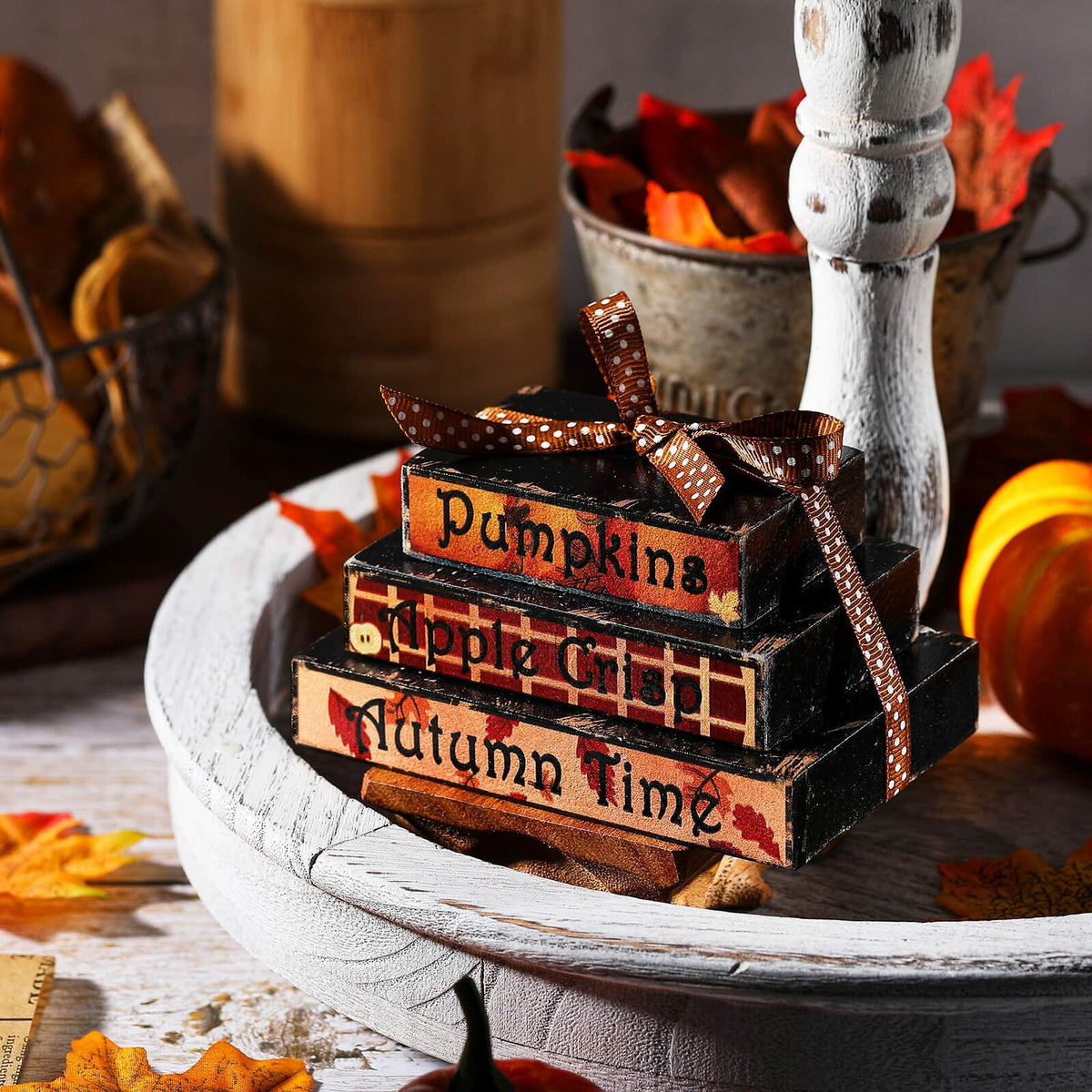 Ferraycle Fall Tiered Tray Decor Mini Books Pumpkin Wood Sign Farmhouse