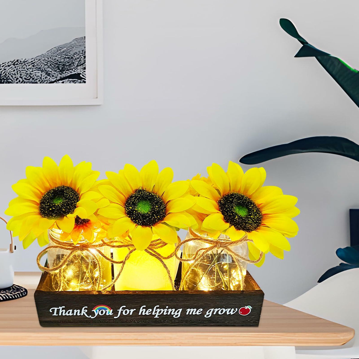 Golden Mason Jar Centerpiece Wood Tray Sunflowers Teacher Appreciation Gift