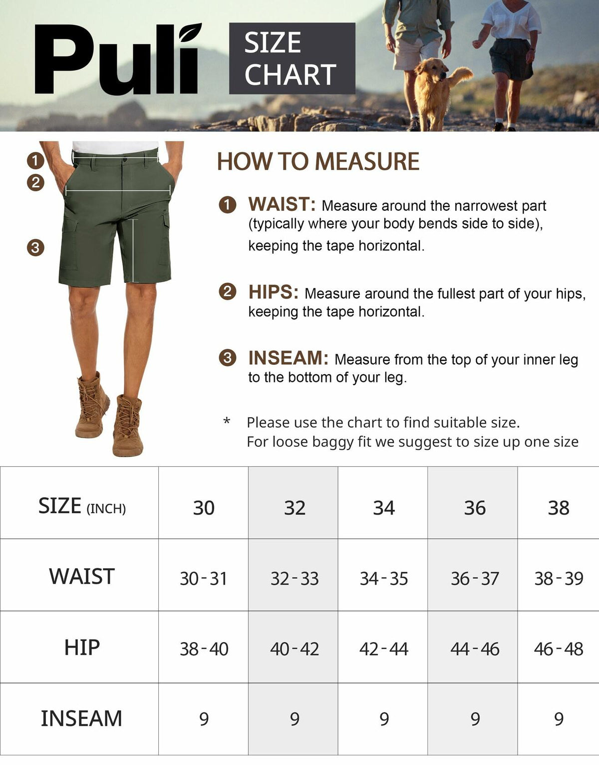 PULI Men's Cargo Shorts Army Green Classic Fit Stretch Size 34