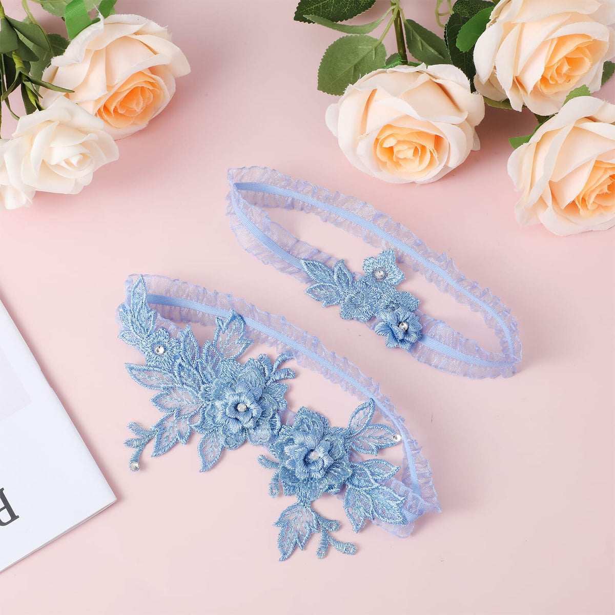 AHQiZFX Wedding Garter Set 2pcs Blue Large Soft Lace Stretchy for Bride New
