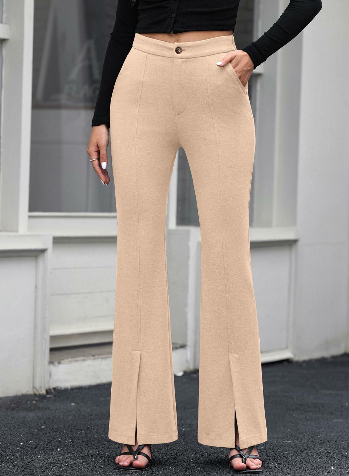EVALESS Womens Flared Dress Pants Beige XL Slim High Waisted Pockets