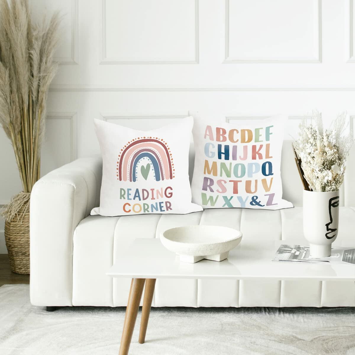 Reading Corner Classroom Decorative Pillow Covers 18x18 Set of 2 Alphabet