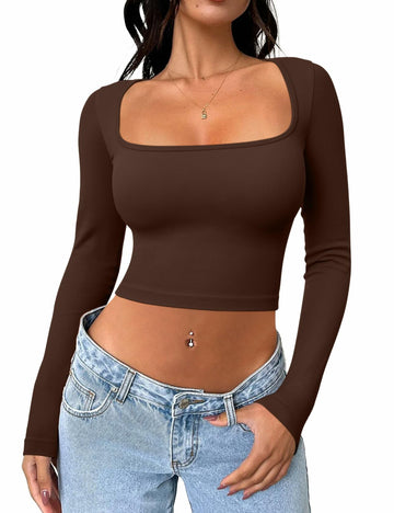 Meyeeka Women's Cinnamon Seamless Cropped Yoga Top Long Sleeve Square Neck - L