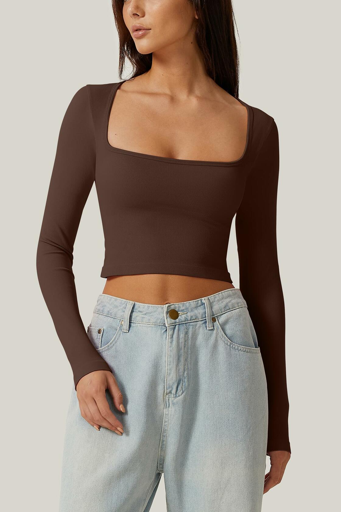 Meyeeka Women's Cinnamon Seamless Cropped Yoga Top Long Sleeve Square Neck - L