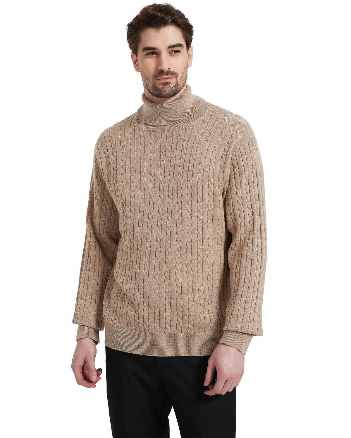 Kallspin Men's Wool Blend Cable-Knit Turtle Neck Sweater Coffee Size L
