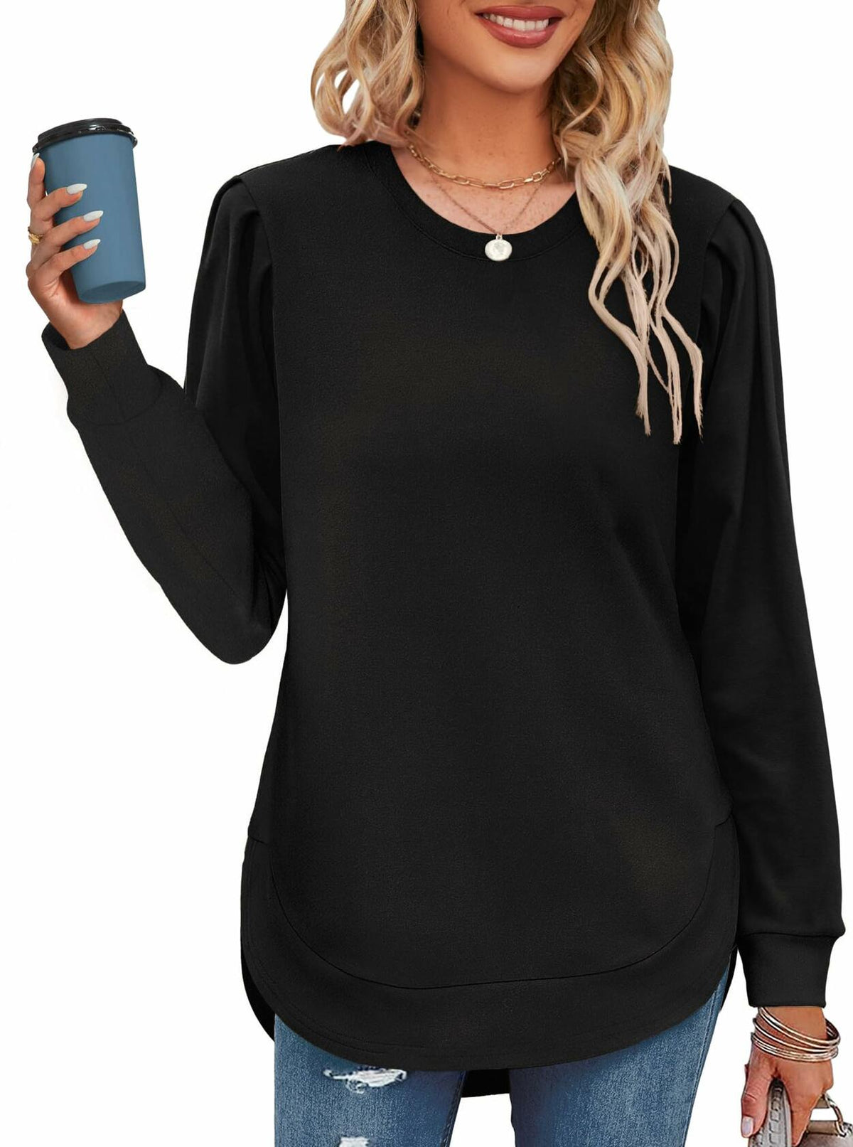 AGSEEM Womens Black Oversized Long Sleeve Tunic Sweatshirt Casual Sweaters L