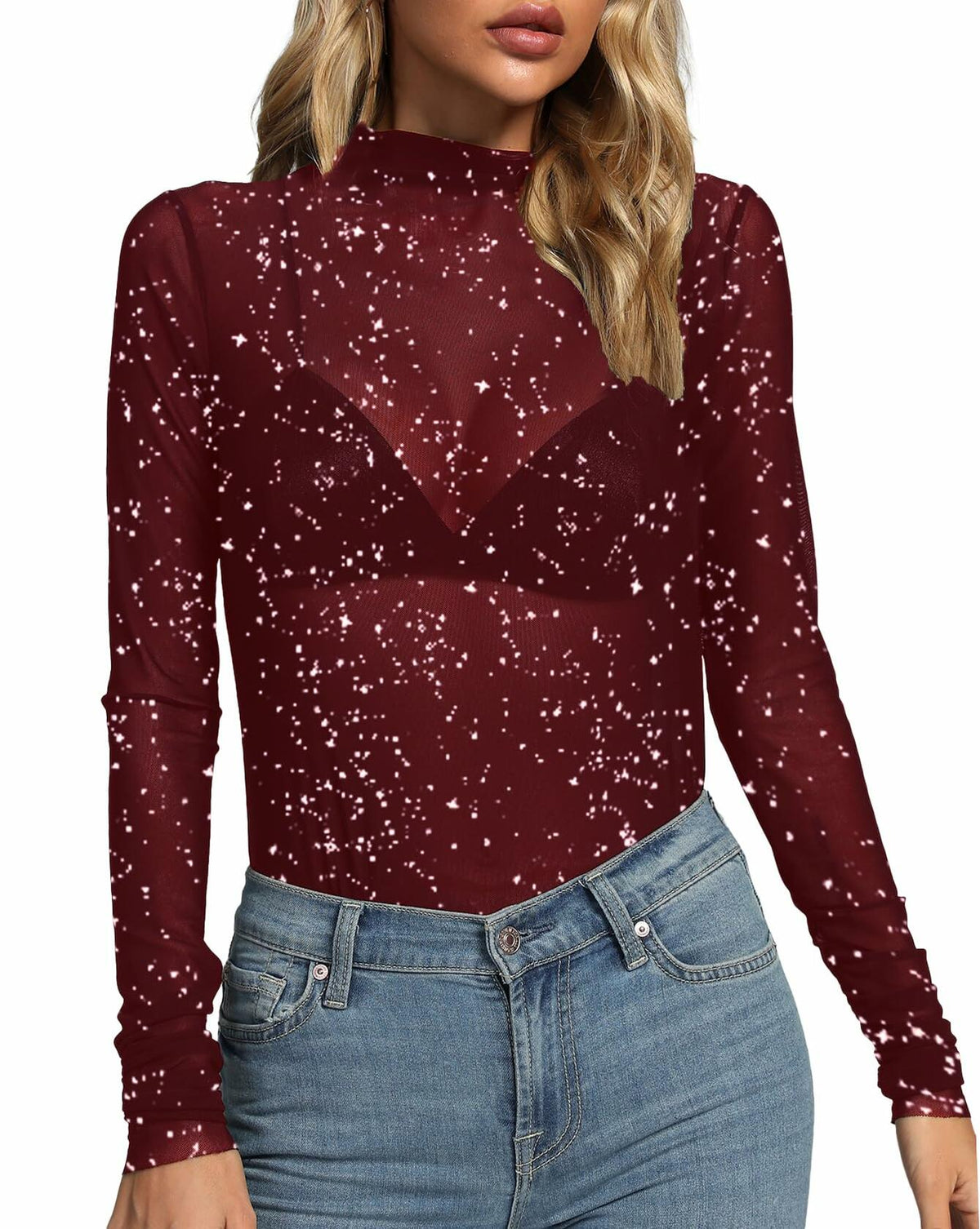 Rooscier Women's Sheer Mesh Mock Neck Long Sleeve Slim Fit Top Red Size M