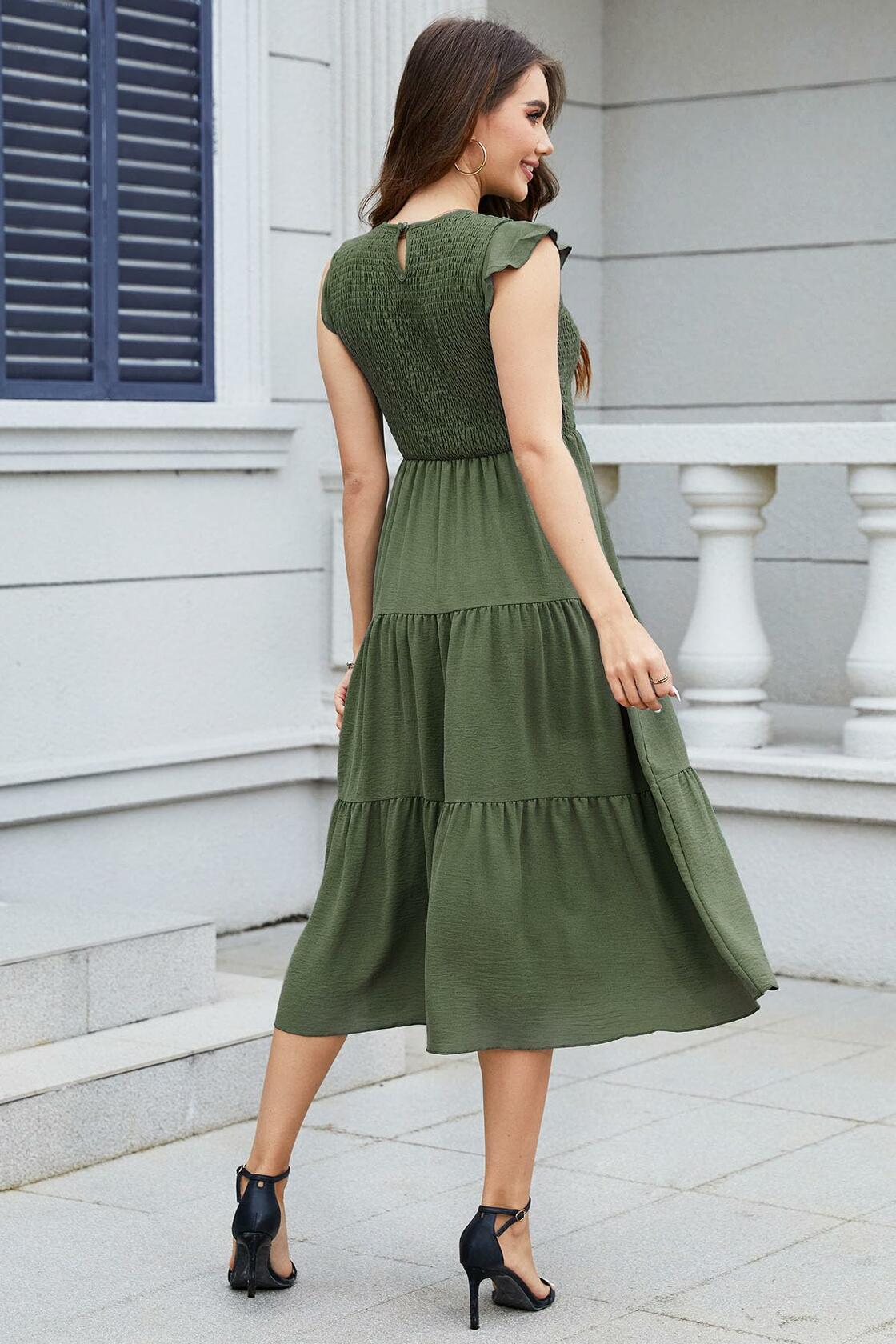 ZOOMOON Women's Maxi Dress Smocked Waist Army Green - Size XL