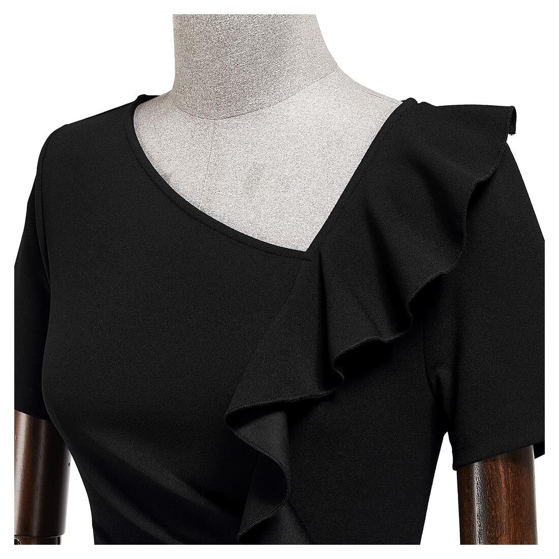 AISIZE Women's Vintage V-Neck Ruffle Slit Bodycon Dress Black Size L