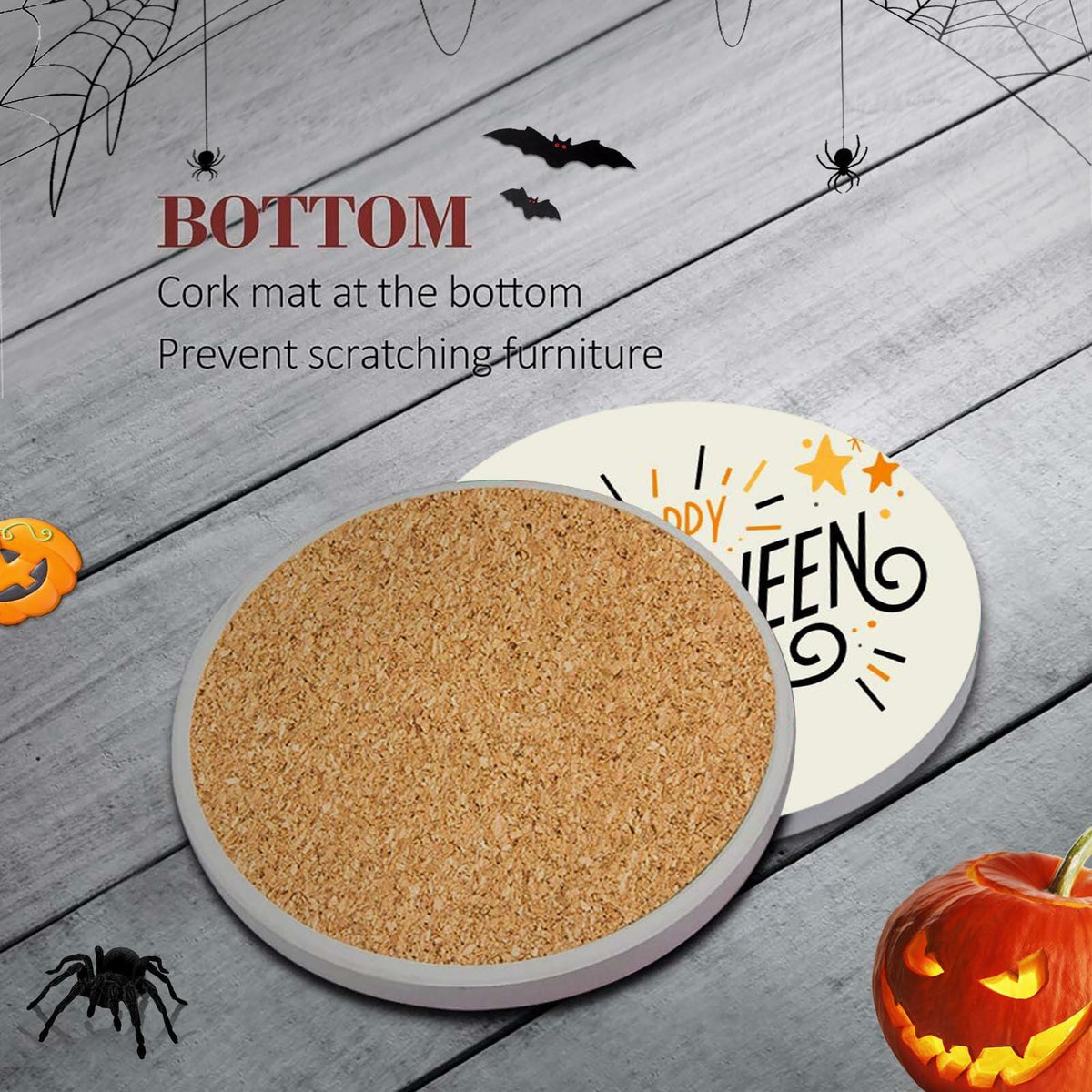 Bribay Halloween Pumpkin Cat Coasters Set of 6 Ceramic Stone Mat Cork Base