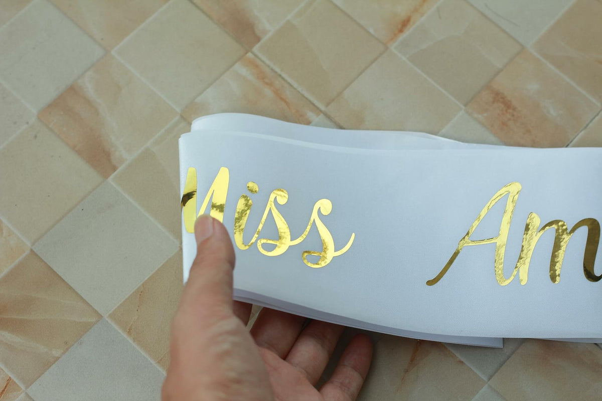 Vrogadso Miss Americana White Satin Sash Gold Glitter Letters