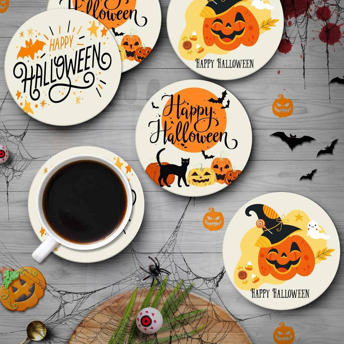 Bribay Halloween Pumpkin Cat Coasters Set of 6 Ceramic Stone Mat Cork Base