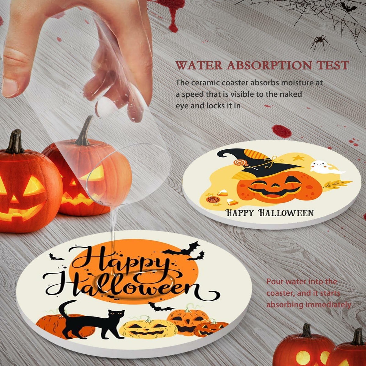 Bribay Halloween Pumpkin Cat Coasters Set of 6 Ceramic Stone Mat Cork Base