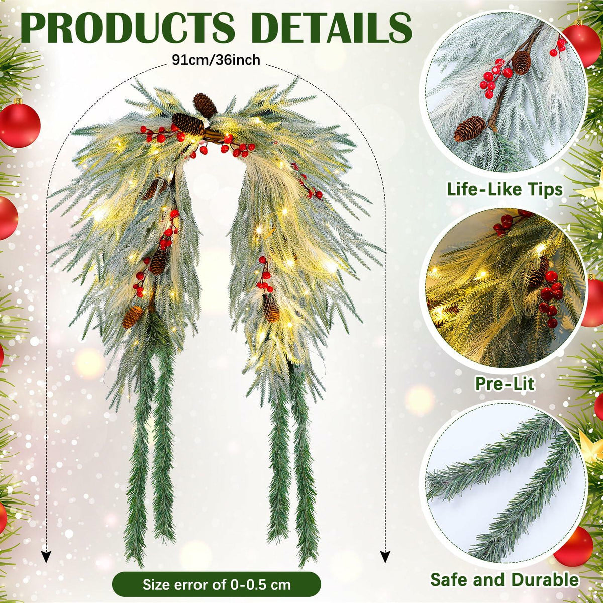 Chuangdi 36" Prelit Christmas Mailbox Swag Wreath with Pine Cones & Red Berries