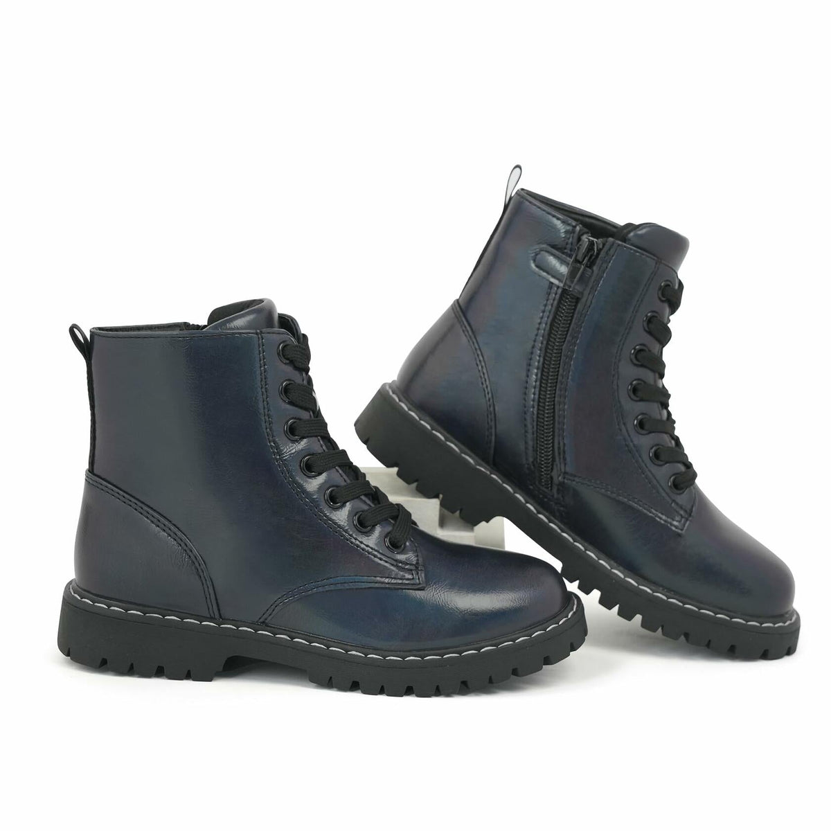 firelli Kids Ankle Boots Navy Side Zipper Lace Up Combat Boots Size 1 US