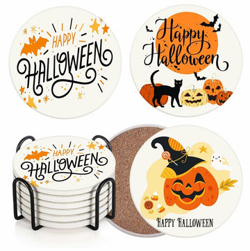 Bribay Halloween Pumpkin Cat Coasters Set of 6 Ceramic Stone Mat Cork Base