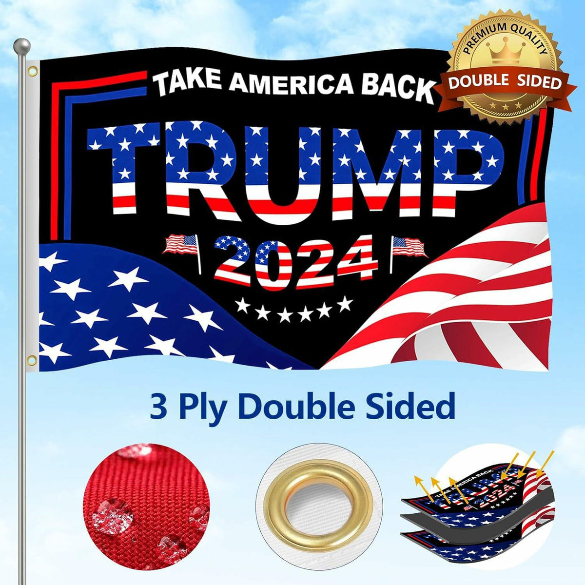 Trump 2024 Flag 3x5 FT Double Sided UV Resistant Banner with 2 Brass Grommets