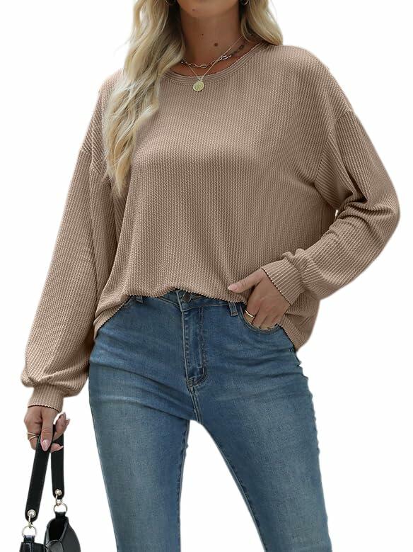 Nfsion Womens Ribbed Long Sleeve Crewneck Soft Top Khaki Size S