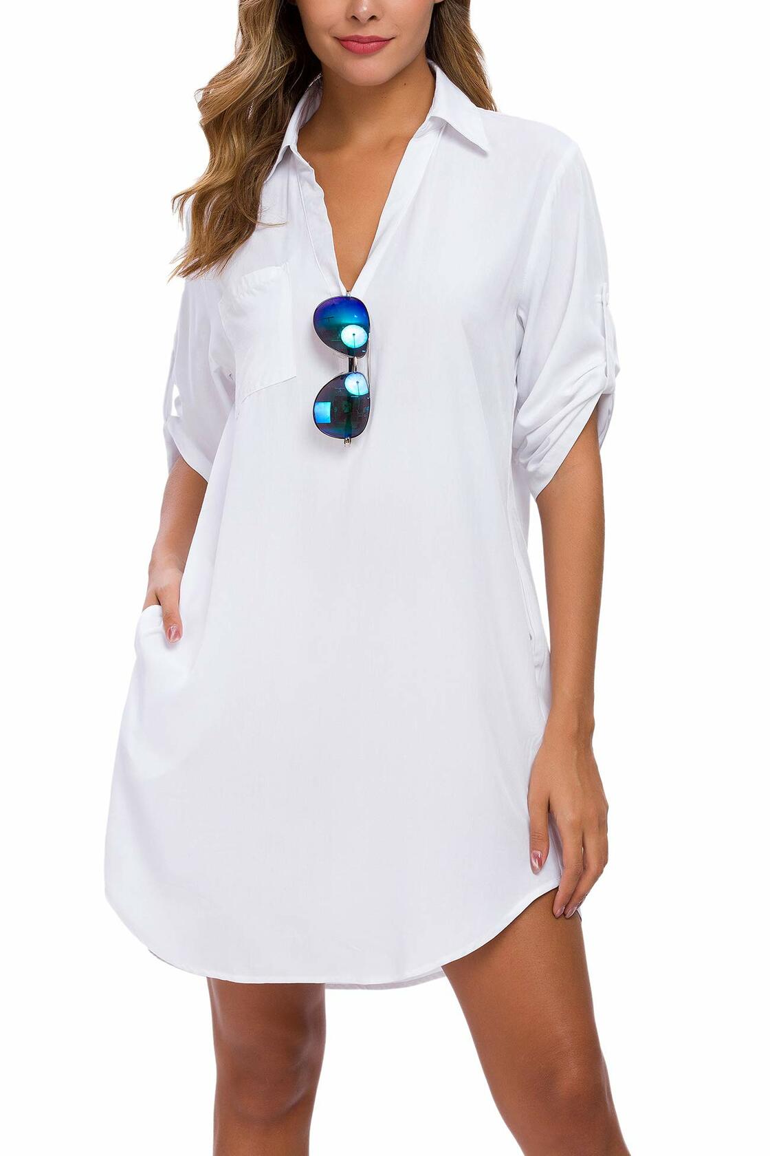 MANAIXUAN Women's Oversized Button Down Shirt Dress Casual 3/4 Sleeve XXL