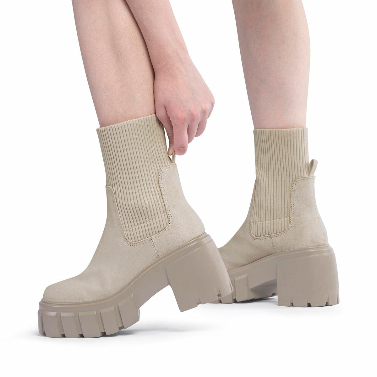 FITORY Women's Chelsea Ankle Boots Tan Size 11 Lightweight Chunky Heel