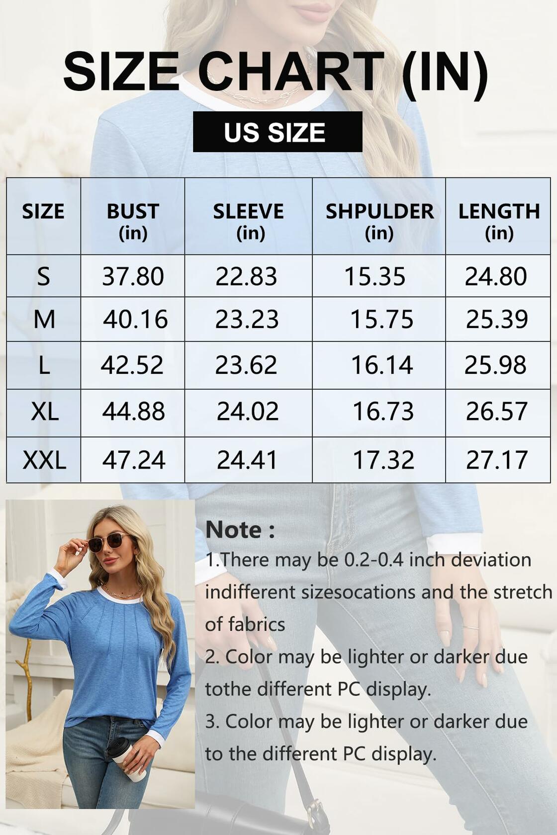 ZOOMOON Women's Blue Long Sleeve Tunic Top L Casual Pleated Front Crewneck