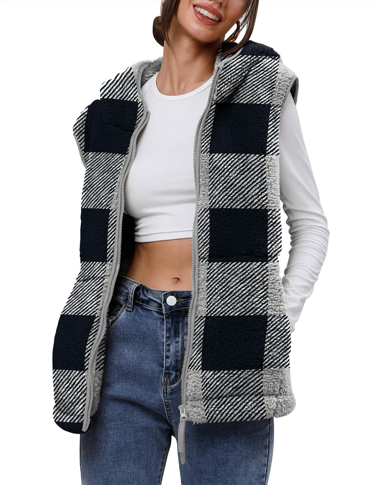 TFSDOD Womens Fuzzy Sherpa Fleece Vest Cozy Sleeveless Sweater Plaid- Size  M