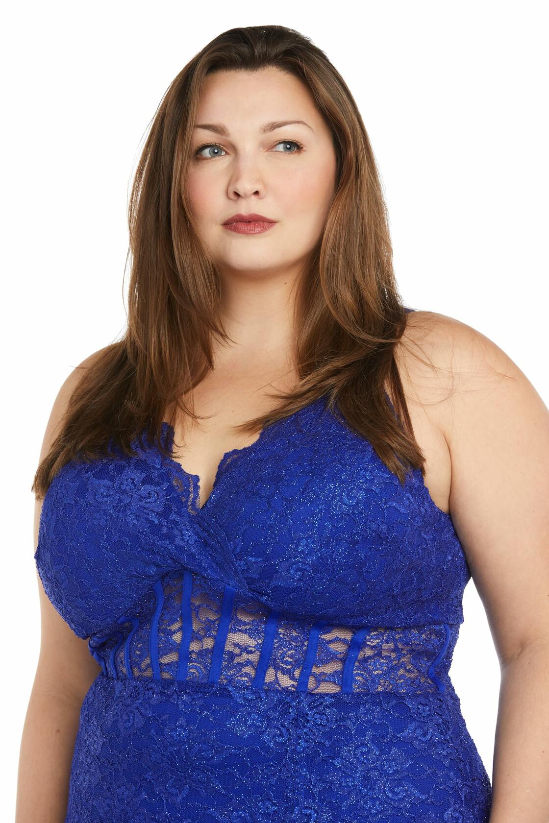 MORGAN AND CO. Plus Size Lace Whispers Corset Gown, Royal - Size 14