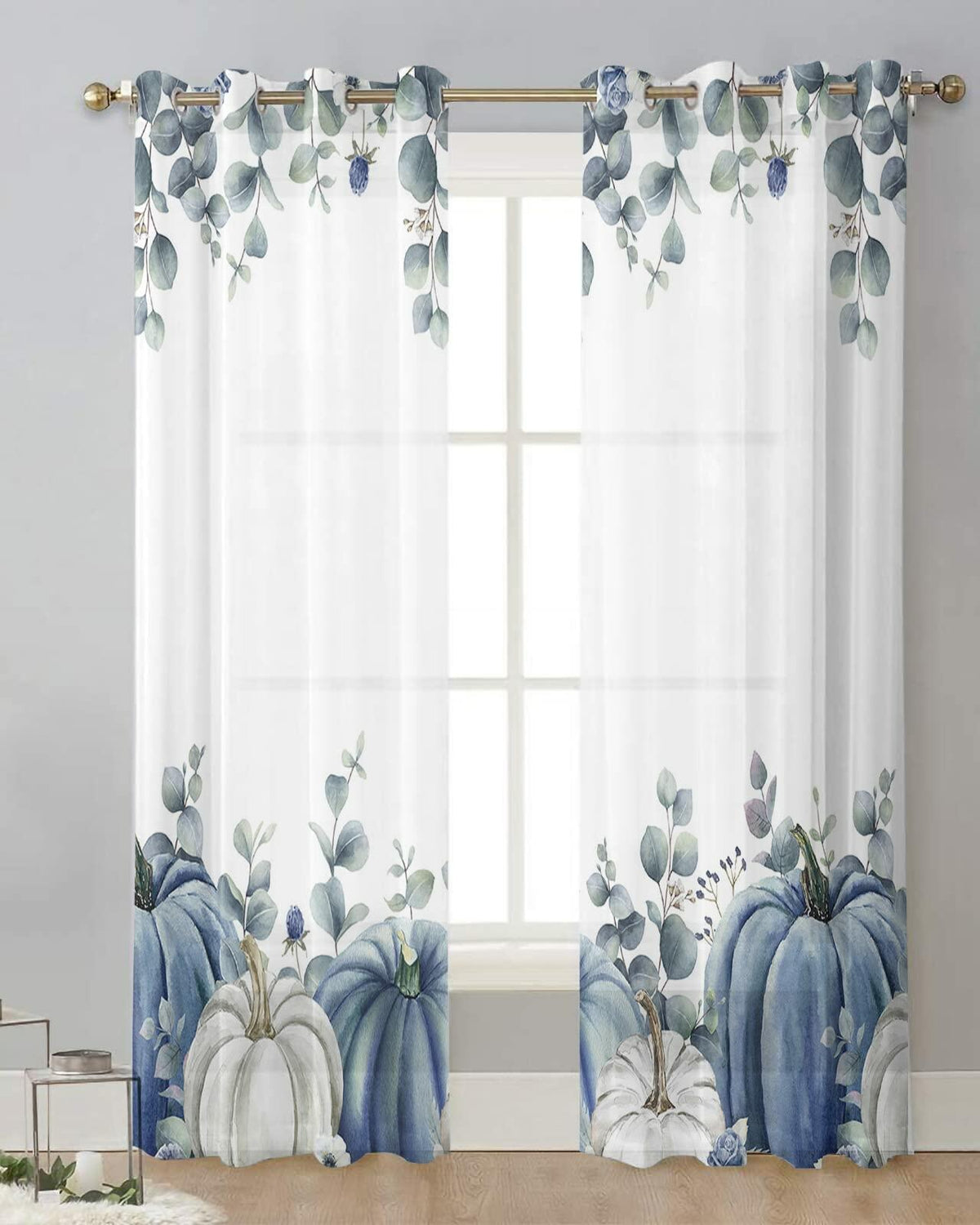 Thanksgiving Pumpkins Eucalyptus Sheer Curtains 84in 2 Panels Blue White