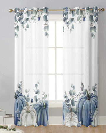 Thanksgiving Pumpkins Eucalyptus Sheer Curtains 84in 2 Panels Blue White